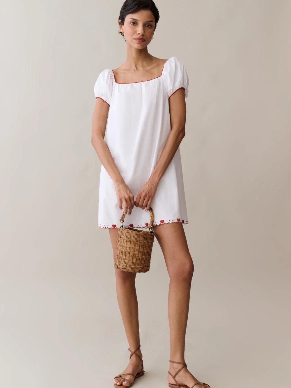 Sorella Nya White Mini Dress with Red Trim and Puff Sleeves